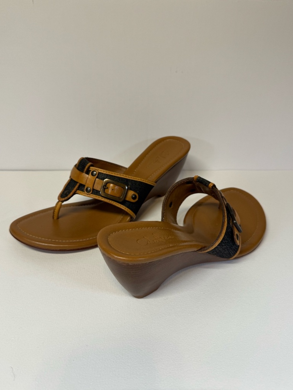 Cole Haan Leather Denim Wedge Thong Sandals Brown Blue Size 8B